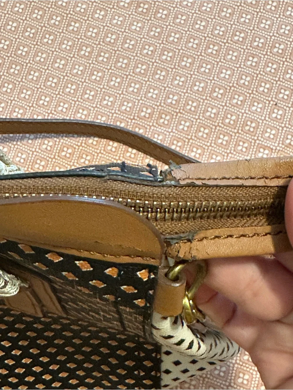 Fossil Black and Tan Patterned Satchel with White Sides